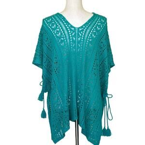 Teal crochet poncho, one size, bohemian, hippie, coastal, beach, bright